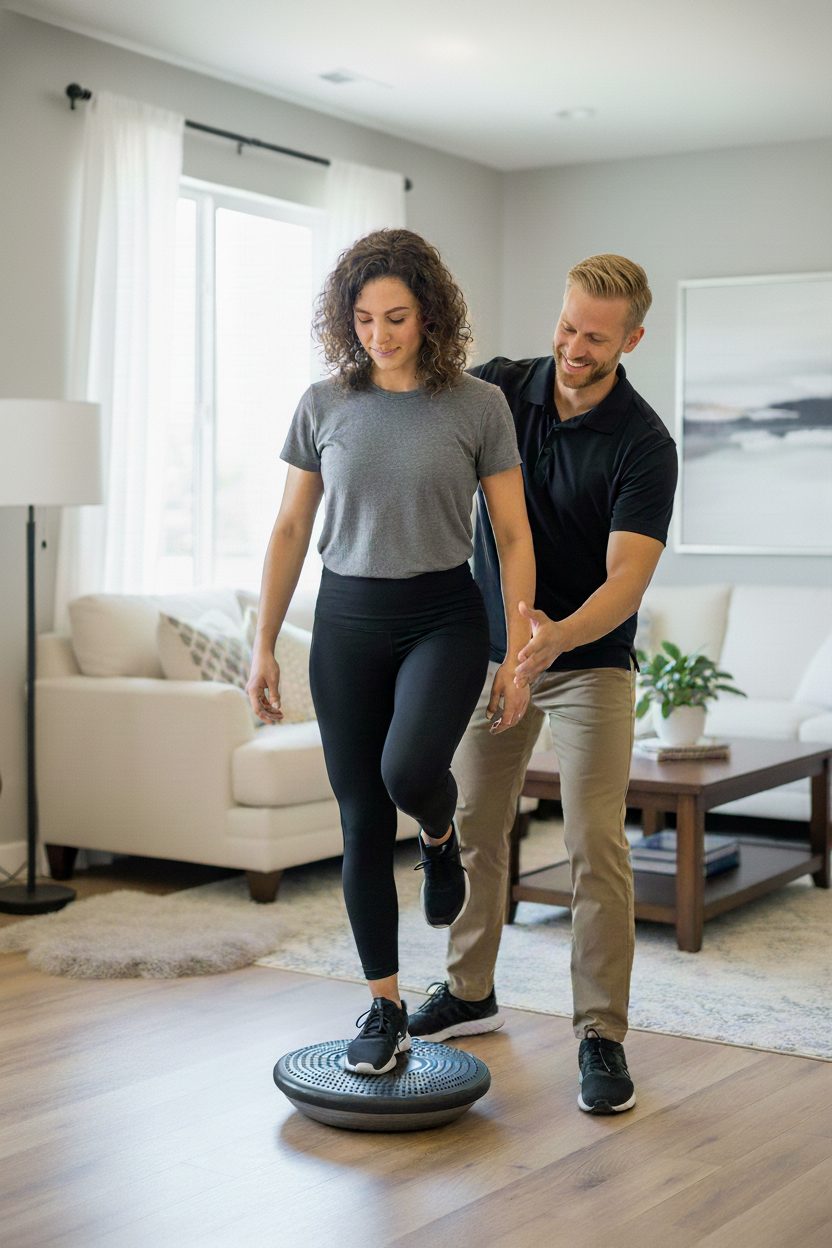 Physical therapist supporting a patient through balance training on a wobble cushion