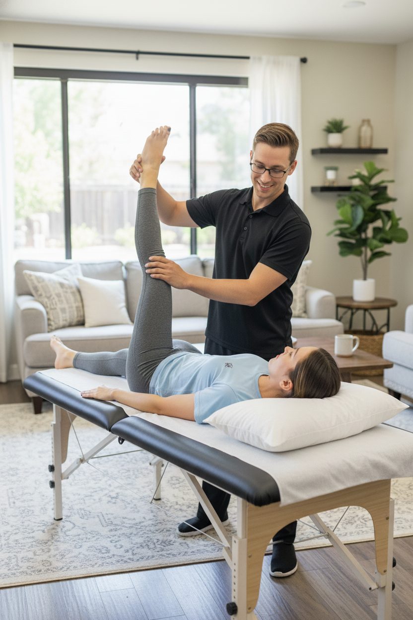 Physical therapist guiding a patient through a straight-leg raise stretch at home