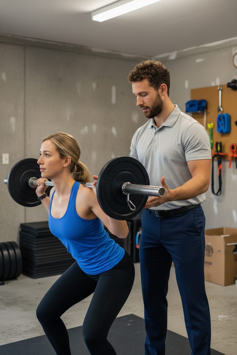 Physical therapist coaching a client through a barbell back squat